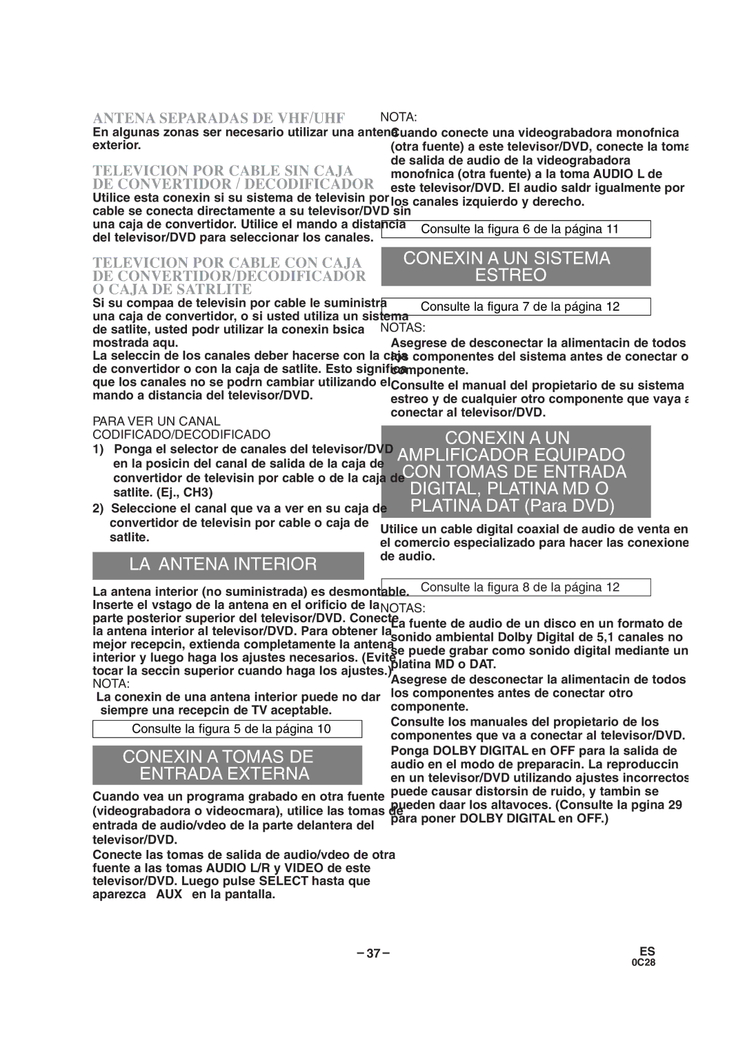 Sylvania SRTD319 owner manual LA Antena Interior, Conexión a Tomas DE Entrada Externa, Conexión a UN Sistema Estéreo 