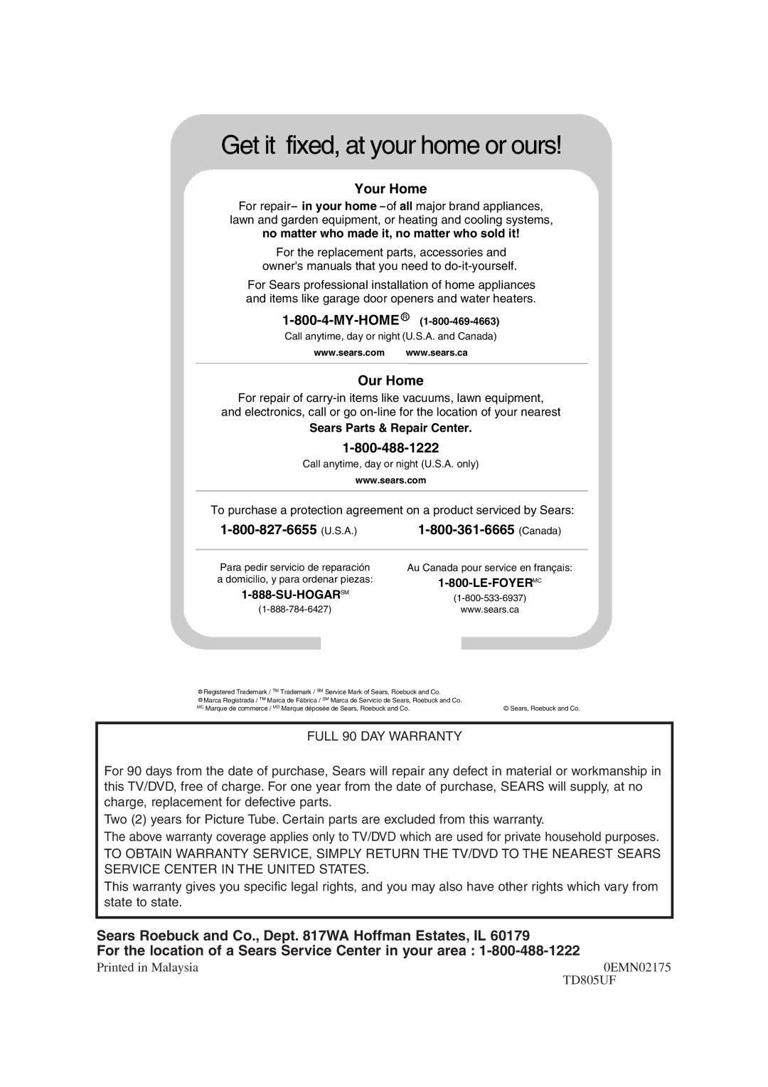 Sylvania SRTD319 owner manual Canada, 0EMN02175, TD805UF 