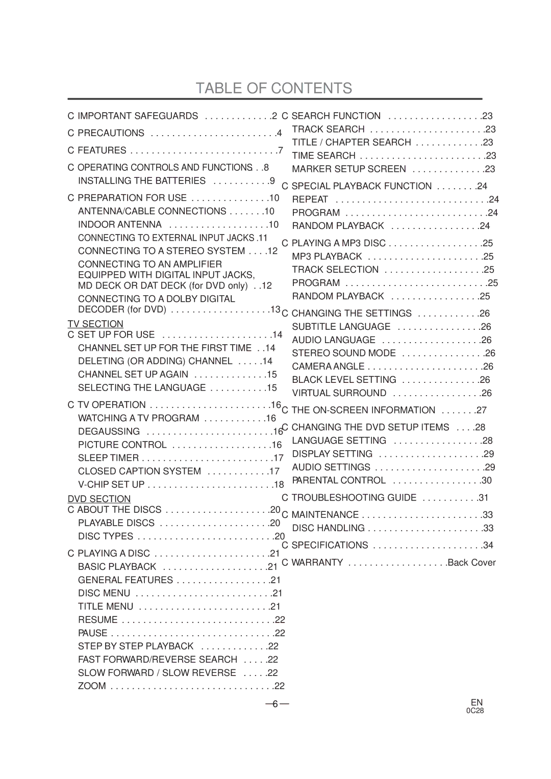 Sylvania SRTD319 owner manual Table of Contents 