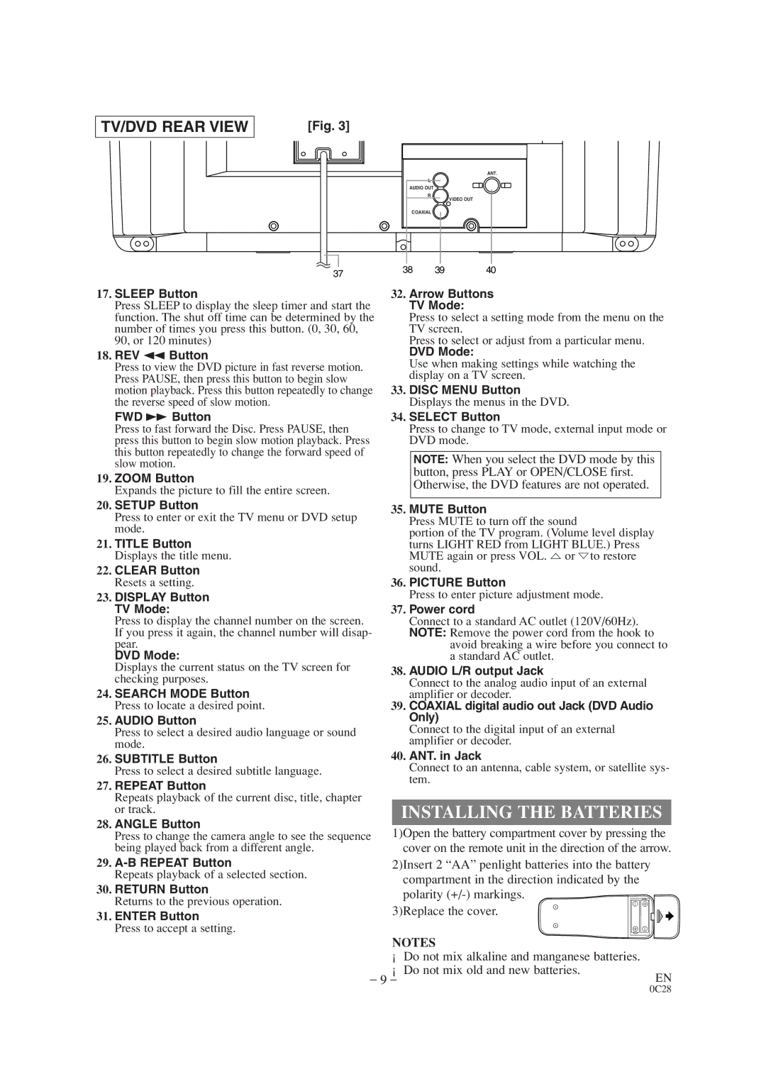 Sylvania SRTD319 owner manual Installing the Batteries 