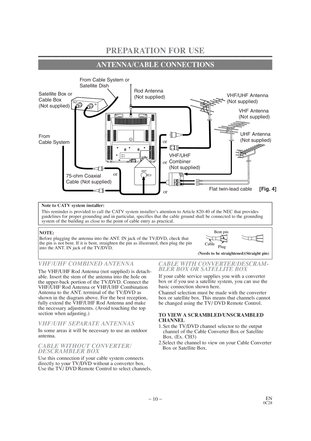 Sylvania SRTD413 Preparation for USE, ANTENNA/CABLE Connections, VHF/UHF Combined Antenna, VHF/UHF Separate Antennas 