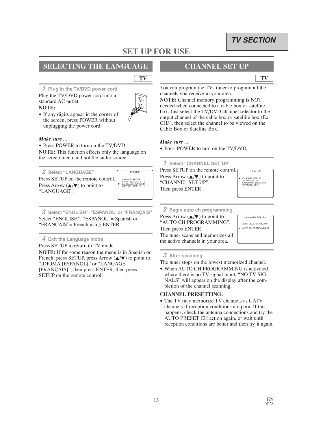 Sylvania SRTD413 owner manual SET UP for USE, Selecting the Language, Channel SET UP, Channel Presetting 