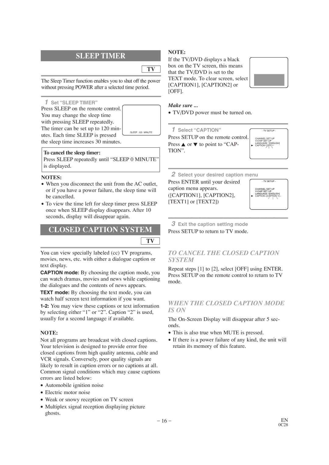 Sylvania SRTD413 owner manual Sleep Timer, To Cancel the Closed Caption System, When the Closed Caption Mode is on 