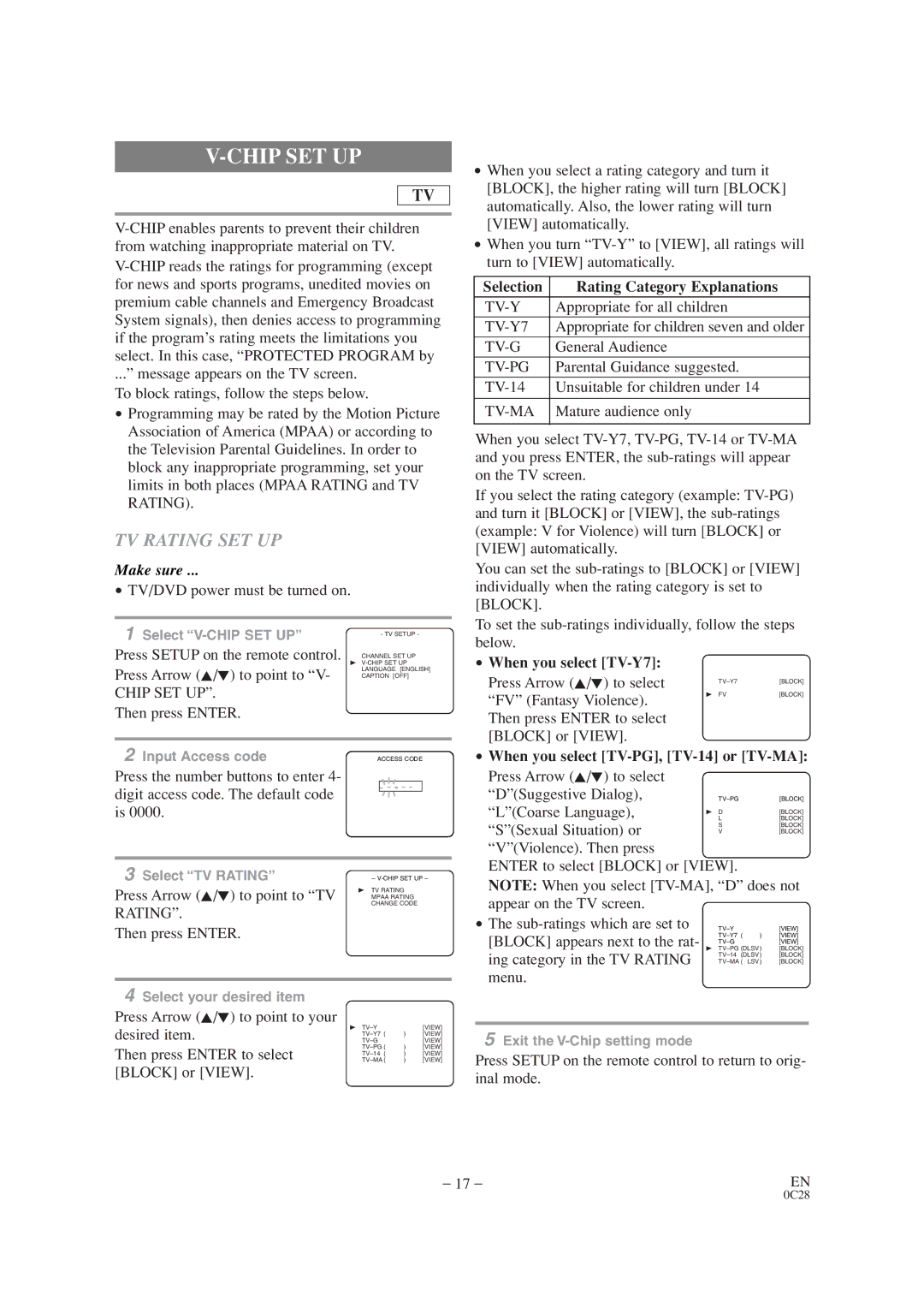 Sylvania SRTD413 owner manual Chip SET UP, TV Rating SET UP, Selection Rating Category Explanations, When you select TV-Y7 