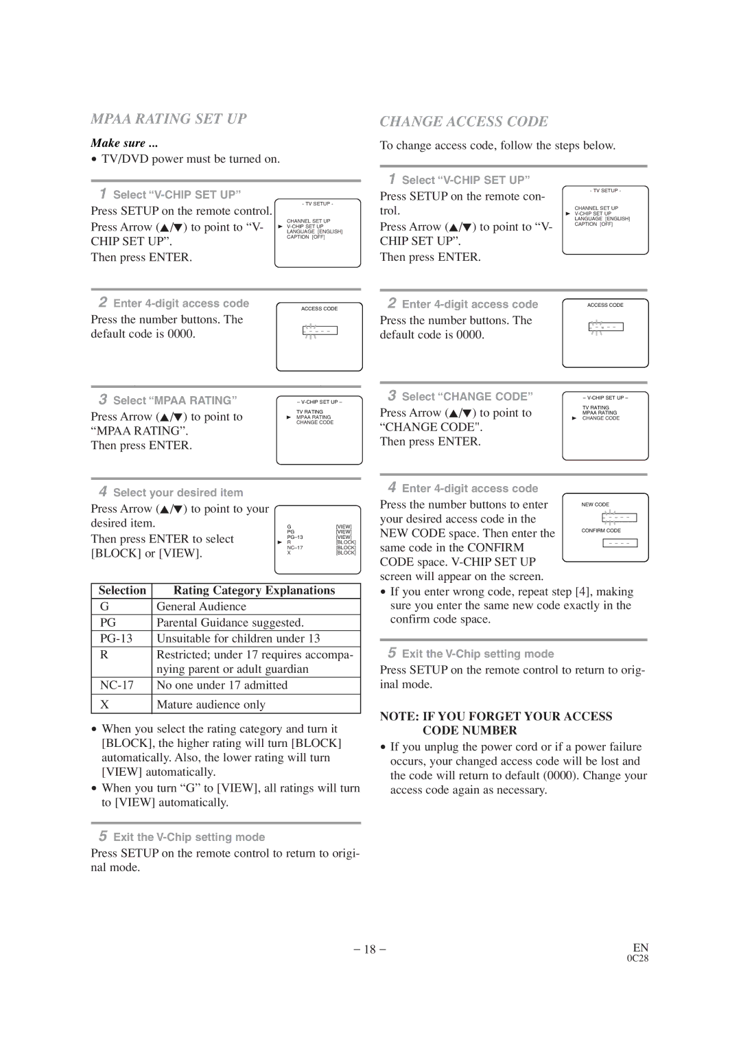 Sylvania SRTD413 owner manual Mpaa Rating SET UP, Change Access Code 