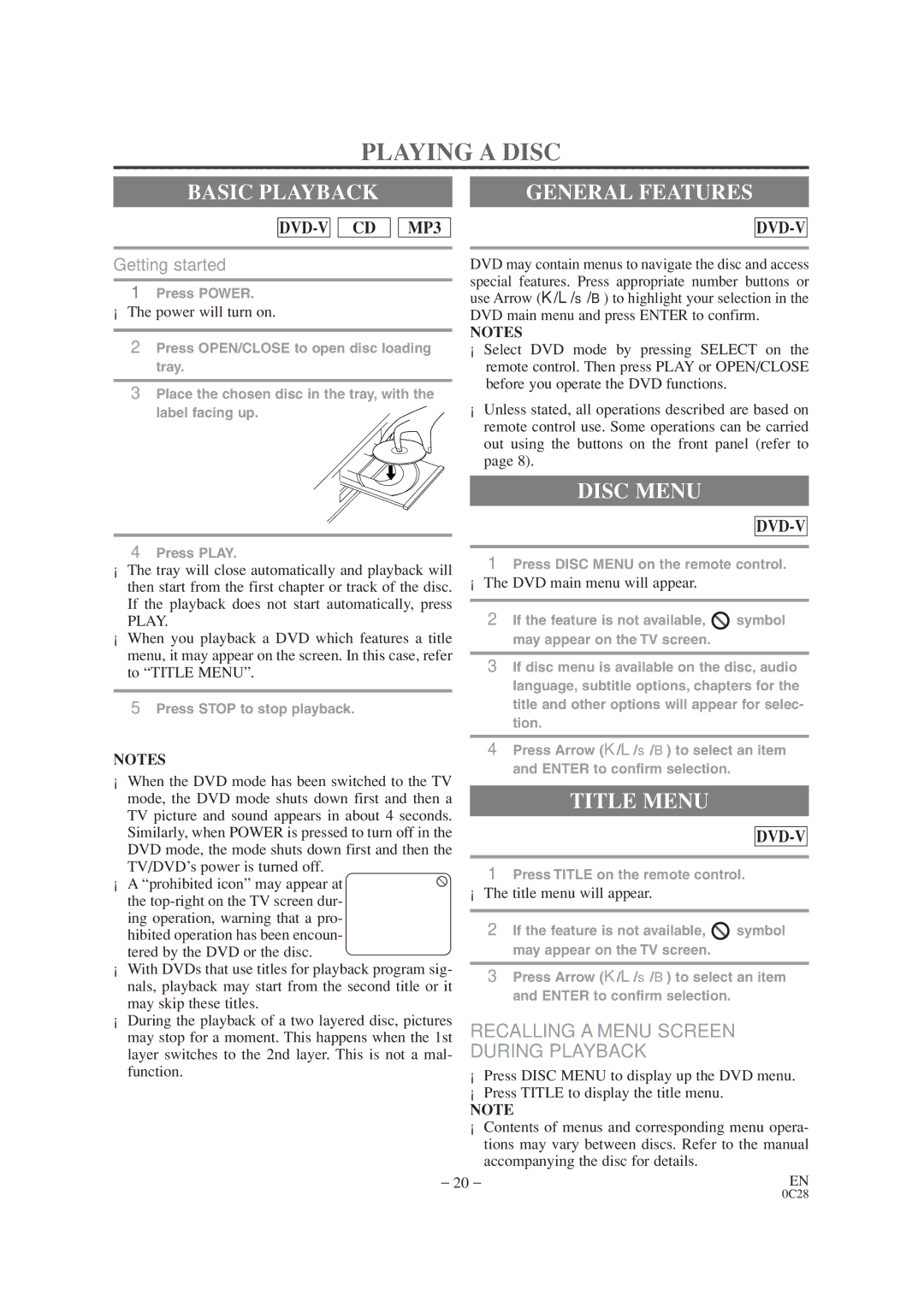 Sylvania SRTD413 owner manual Playing a Disc, Basic Playback, Disc Menu, Title Menu, General Features 