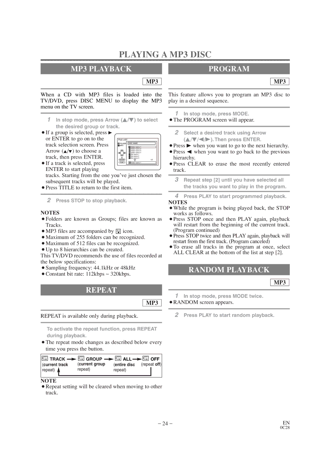 Sylvania SRTD413 owner manual Playing a MP3 Disc, MP3 Playback, Repeat, Program 