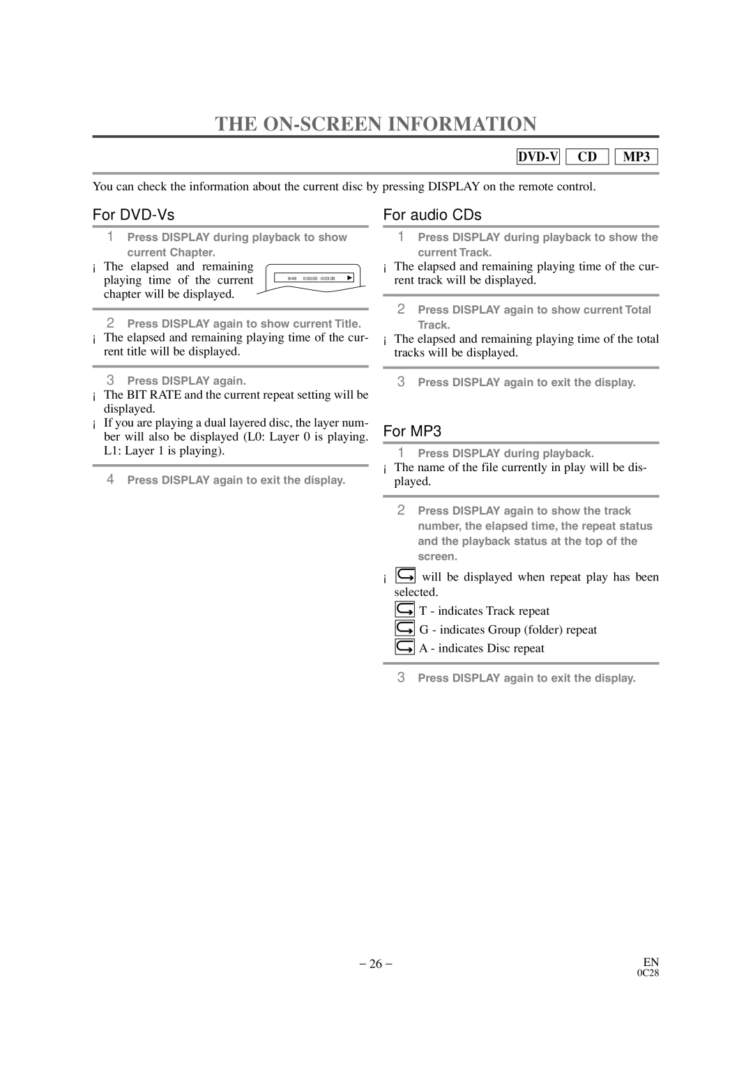 Sylvania SRTD413 owner manual ON-SCREEN Information, DVD-V CD MP3 