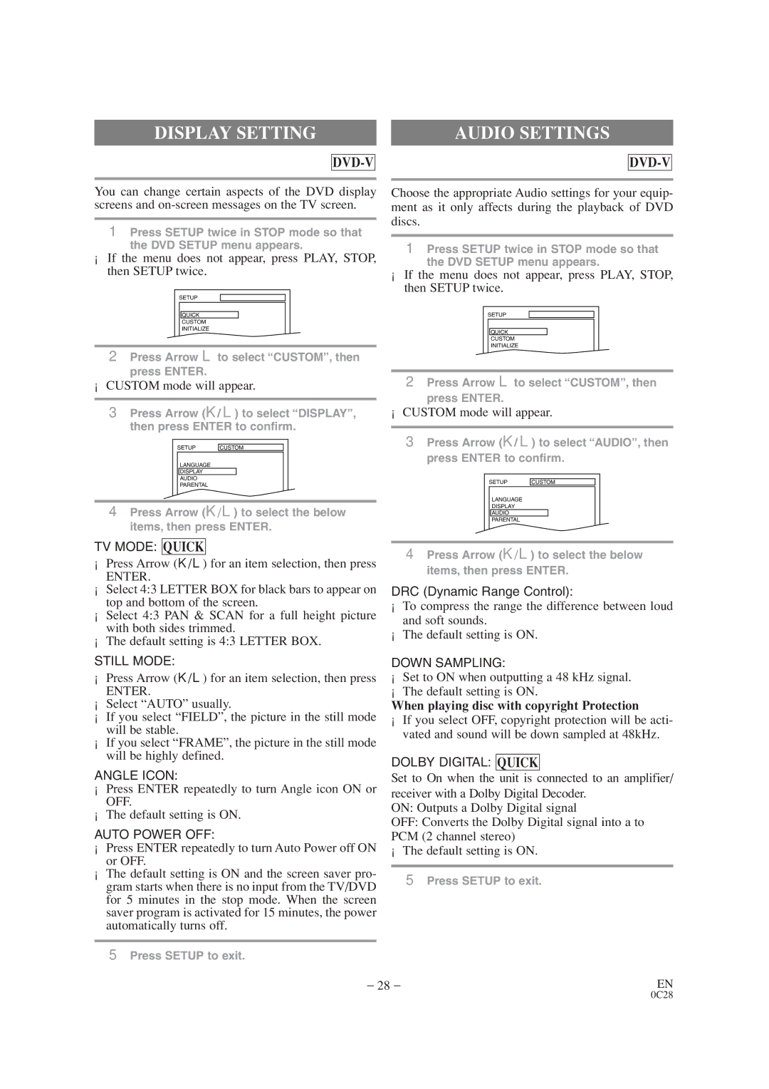 Sylvania SRTD413 owner manual Display Setting, Audio Settings, When playing disc with copyright Protection 