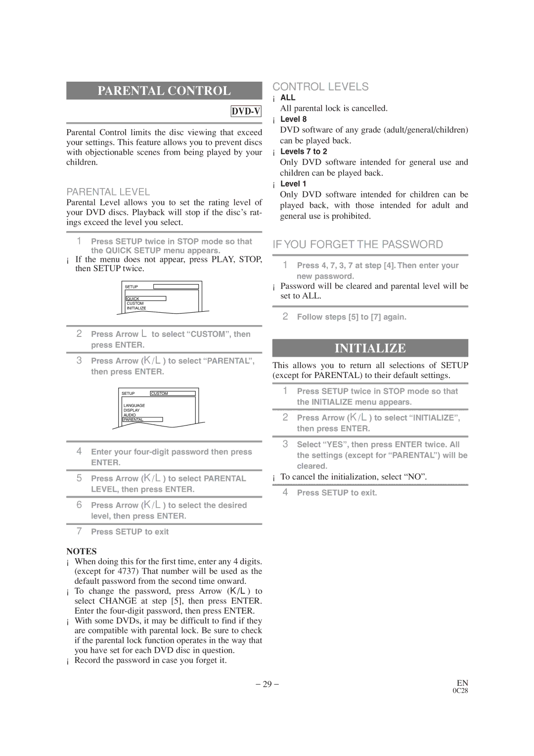 Sylvania SRTD413 owner manual Parental Control, Initialize 