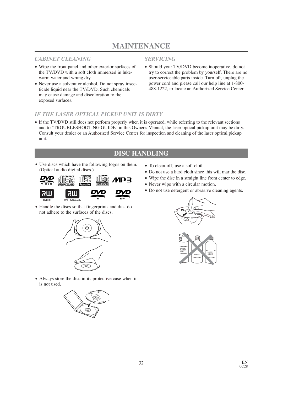 Sylvania SRTD413 Maintenance, Disc Handling, Cabinet Cleaning, Servicing, If the Laser Optical Pickup Unit is Dirty 