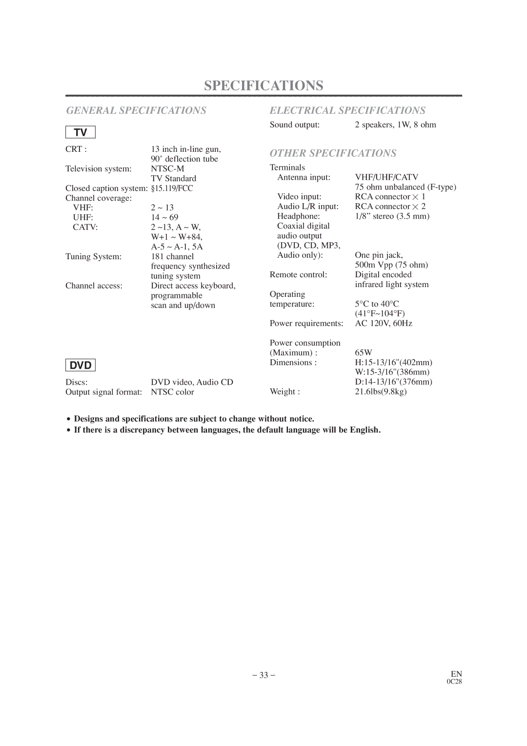 Sylvania SRTD413 owner manual General Specifications, Electrical Specifications, Other Specifications 