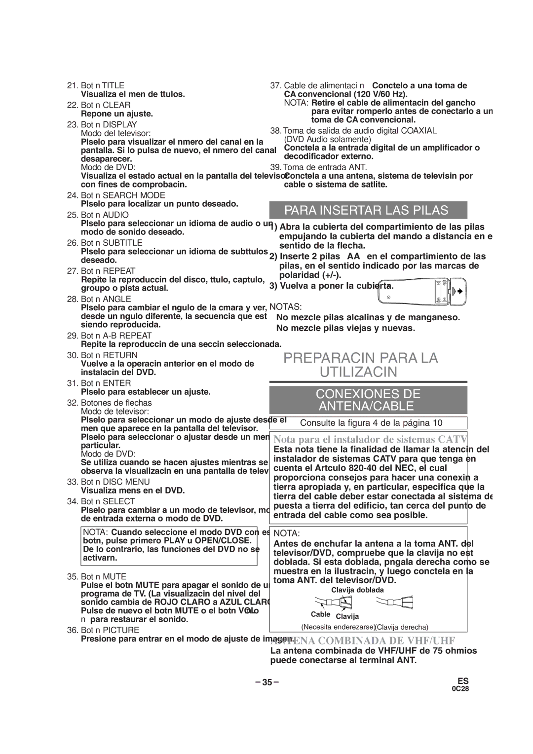 Sylvania SRTD413 owner manual Preparación Para LA Utilización, Para Insertar LAS Pilas, Conexiones DE ANTENA/CABLE 