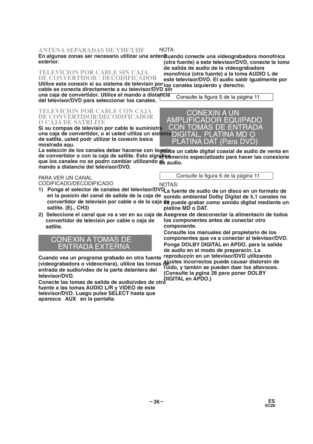 Sylvania SRTD413 owner manual Conexión a Tomas DE Entrada Externa, Conexión a UN, Antena Separadas DE VHF/UHF 