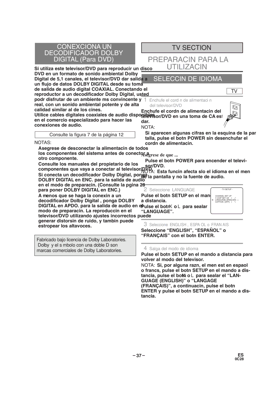 Sylvania SRTD413 owner manual Conexciona UN Decodificador Dolby, Selección DE Idioma, Consulte la figura 7 de la página 