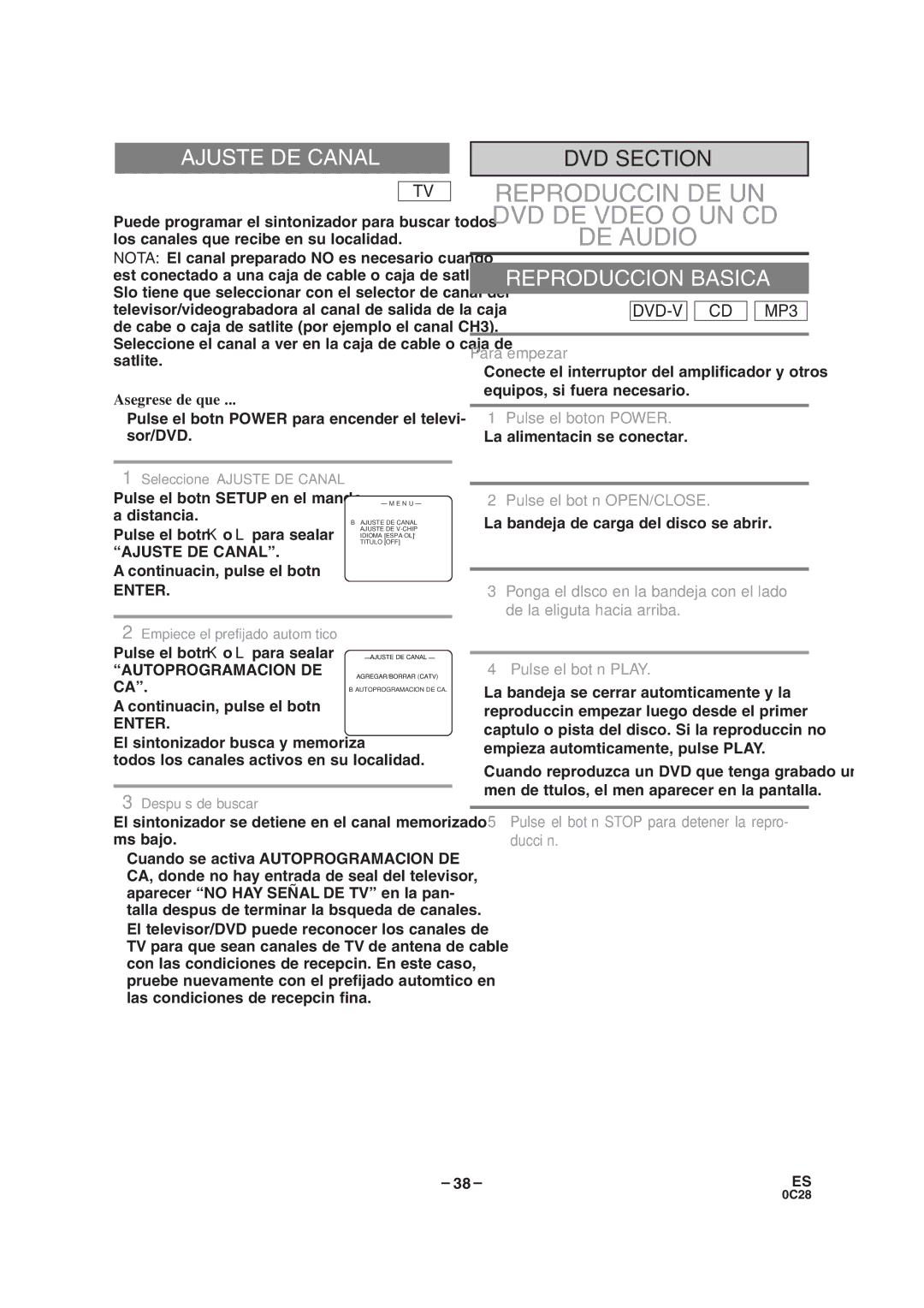 Sylvania SRTD413 owner manual Ajuste DE Canal, Reproduccion Basica 