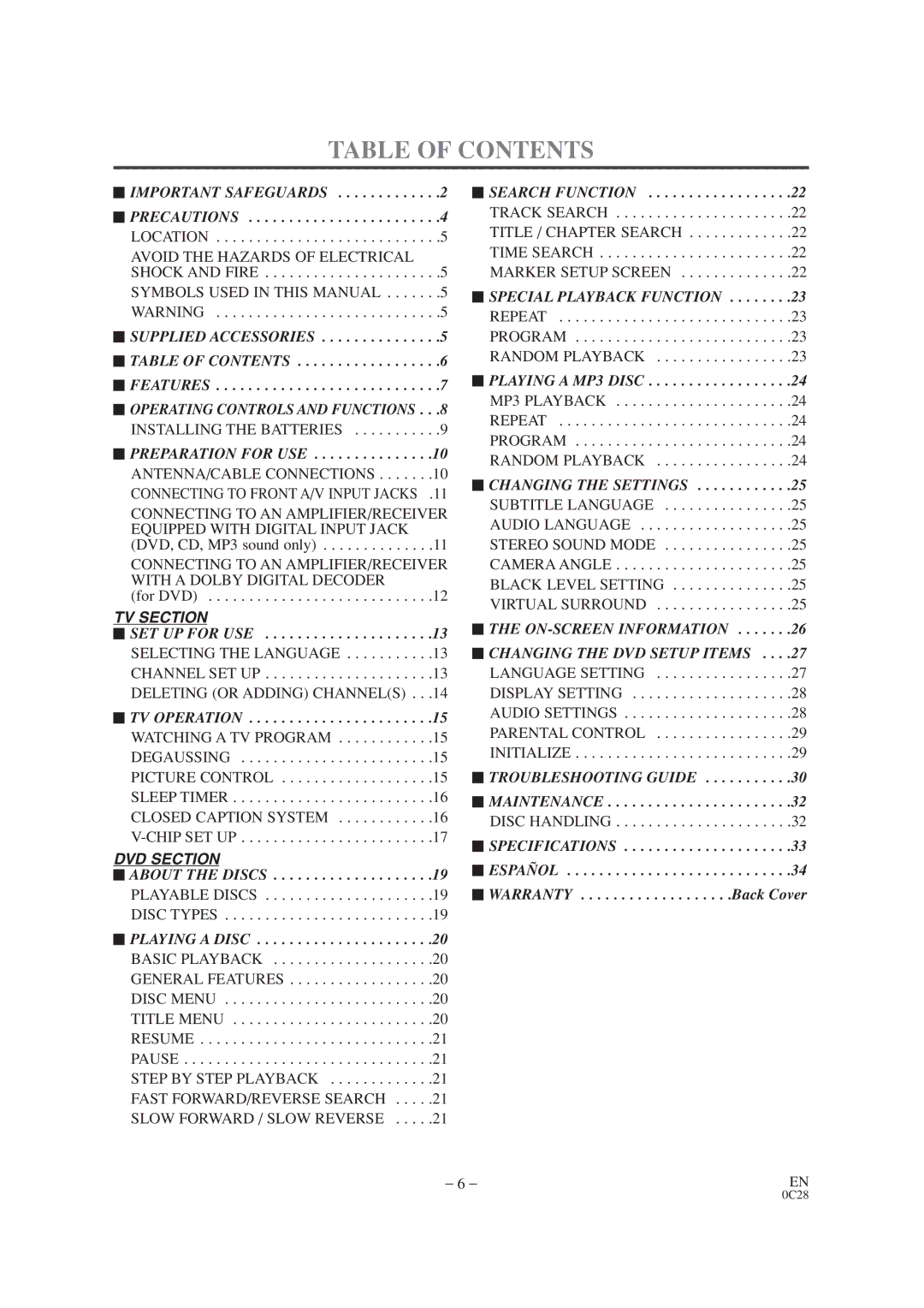 Sylvania SRTD413 owner manual Table of Contents 