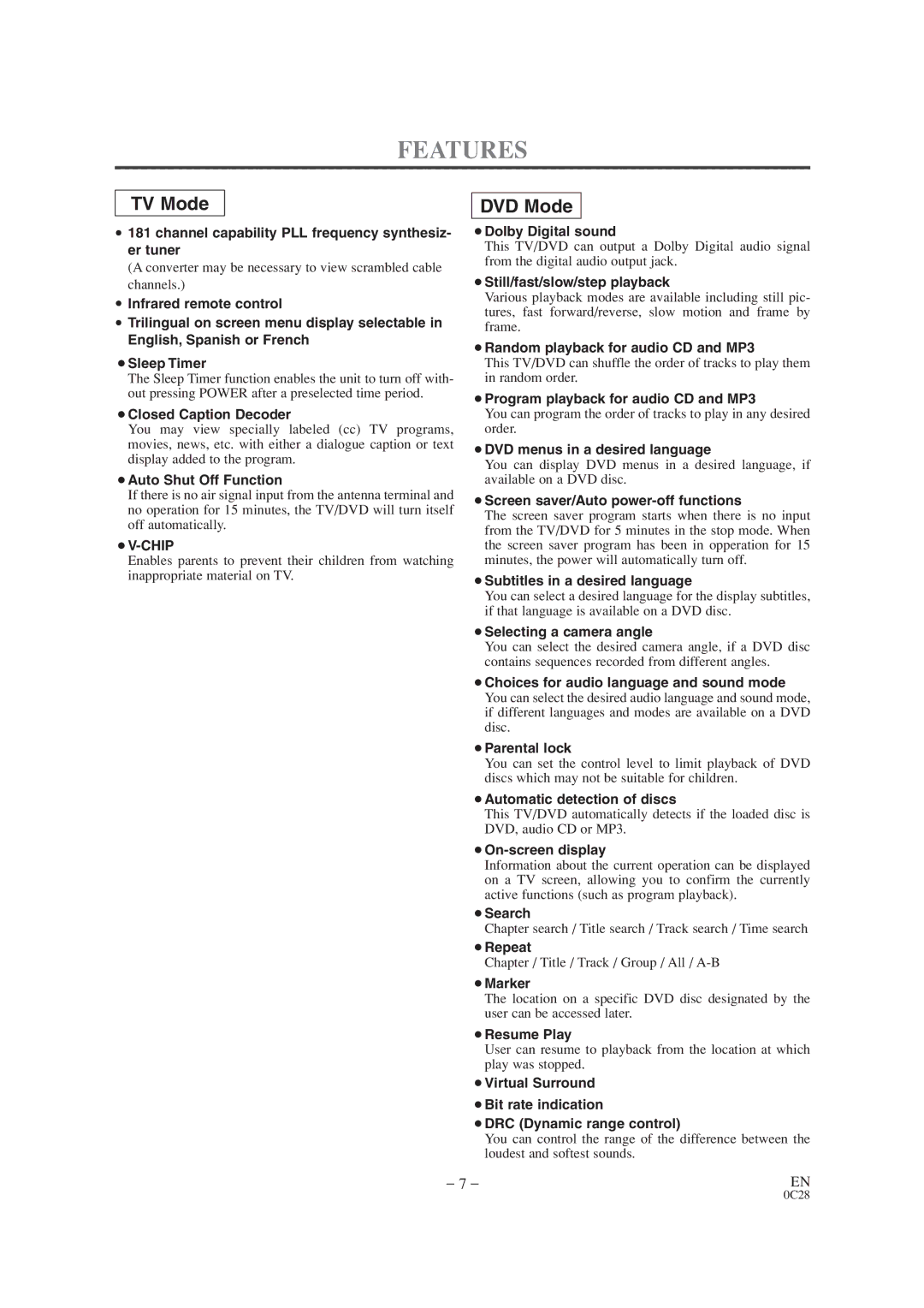 Sylvania SRTD413 owner manual Features, TV Mode 