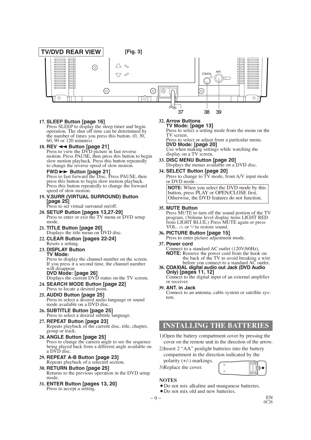 Sylvania SRTD413 owner manual Installing the Batteries, TV/DVD Rear View 