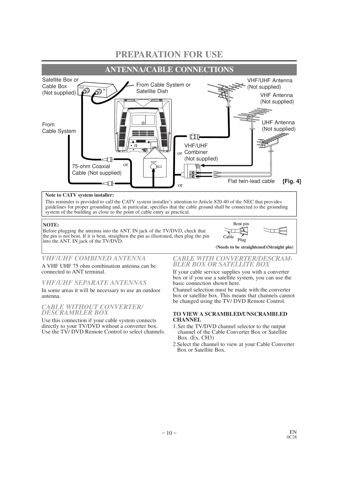 Sylvania SRTD420 Preparation for USE, ANTENNA/CABLE Connections, VHF/UHF Combined Antenna, VHF/UHF Separate Antennas 