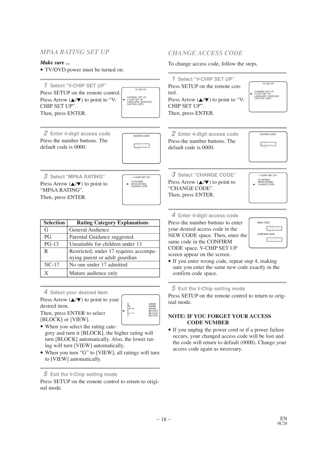 Sylvania SRTD420 owner manual Mpaa Rating SET UP, Change Access Code 