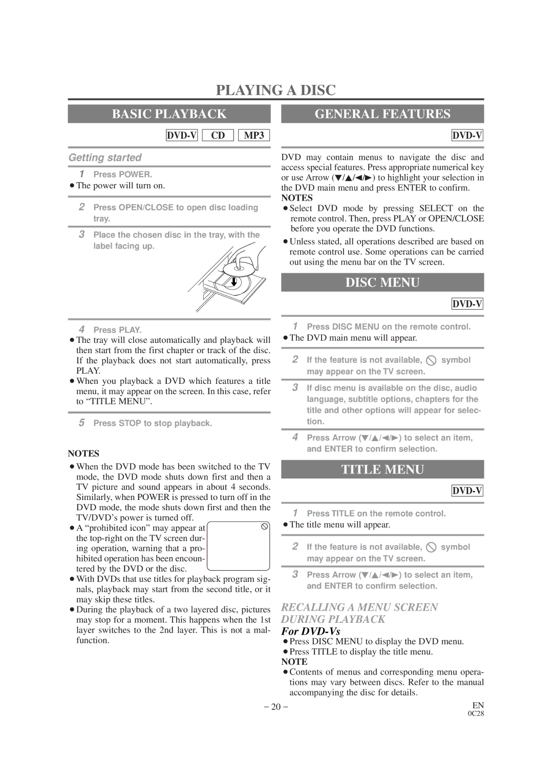 Sylvania SRTD420 owner manual Playing a Disc, Basic Playback, General Features, Disc Menu, Title Menu 