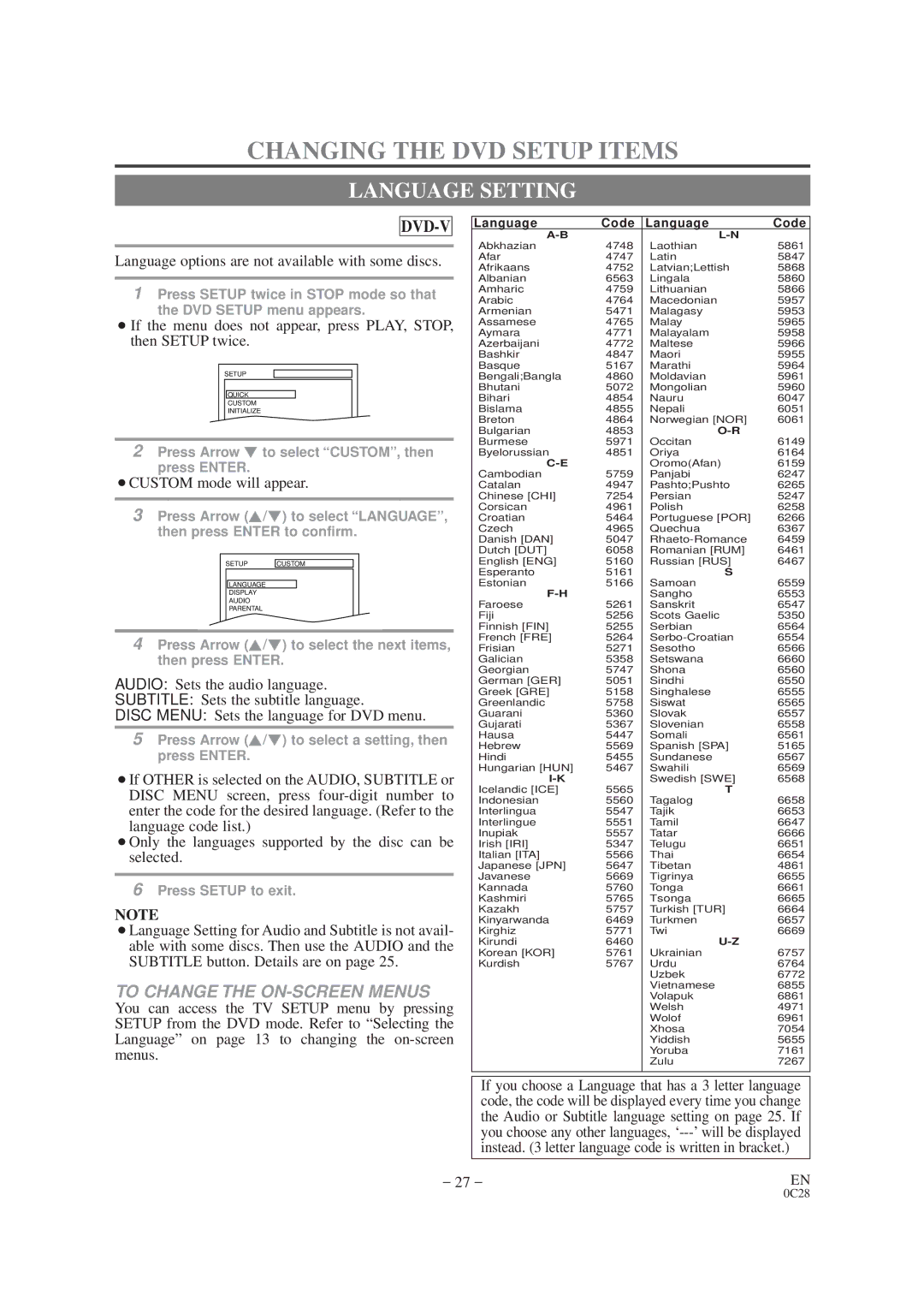 Sylvania SRTD420 owner manual Changing the DVD Setup Items, Language Setting 