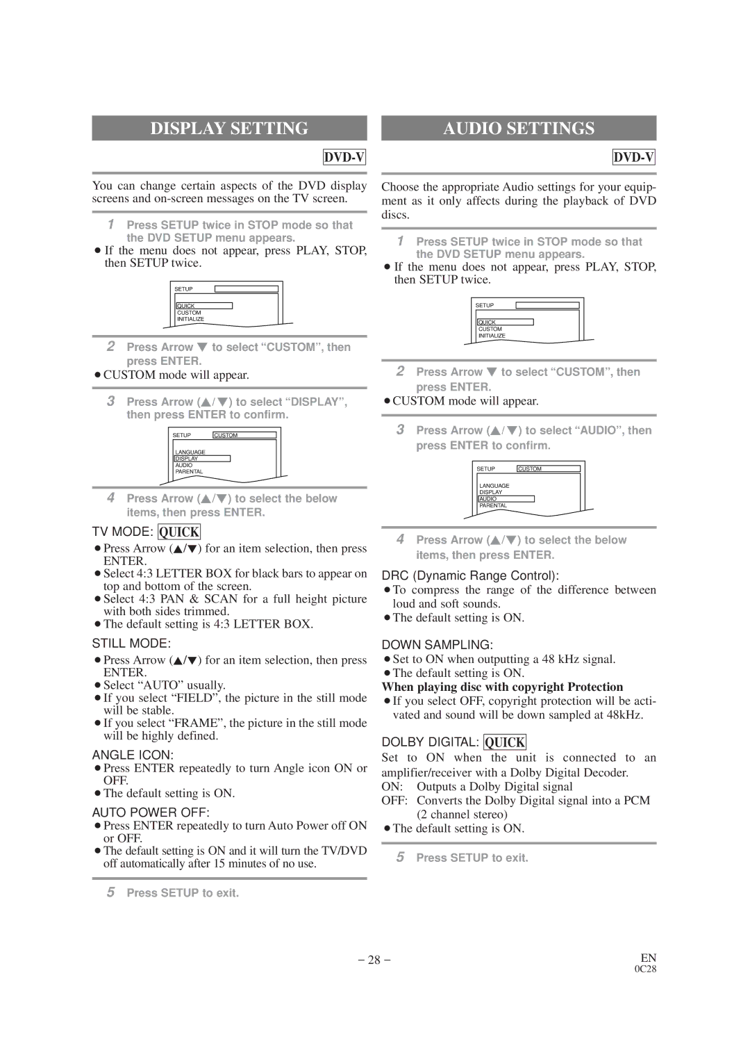 Sylvania SRTD420 owner manual Display Setting, Audio Settings, When playing disc with copyright Protection 