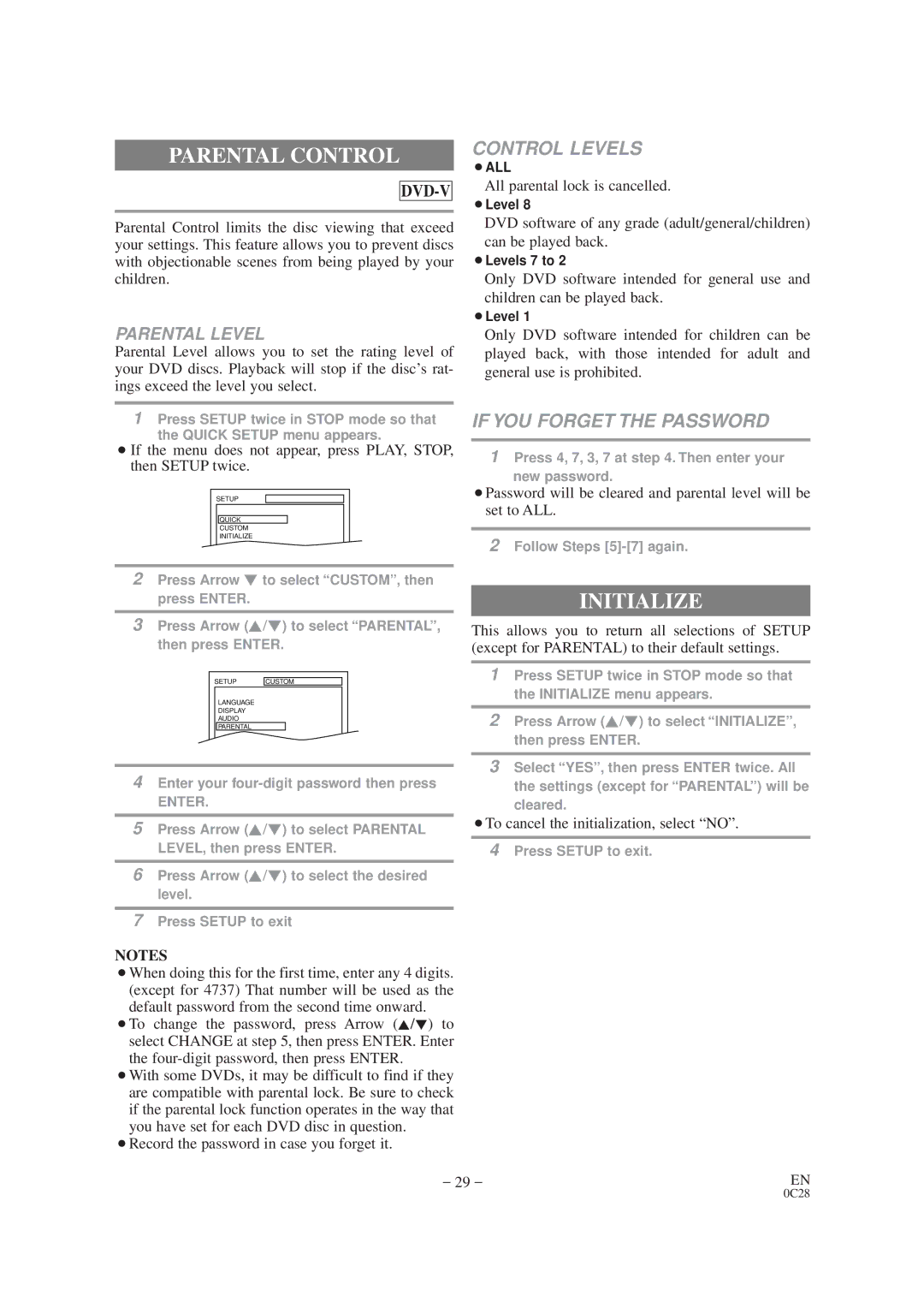 Sylvania SRTD420 owner manual Parental Control, Initialize 