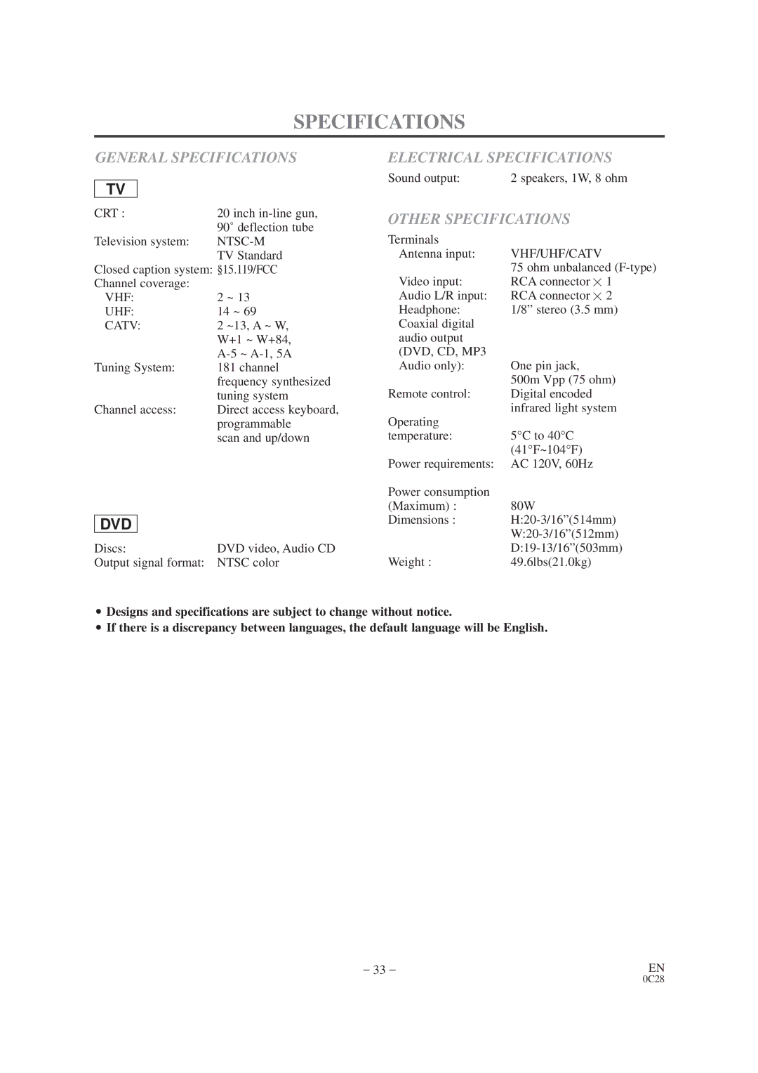 Sylvania SRTD420 owner manual General Specifications, Electrical Specifications, Other Specifications 