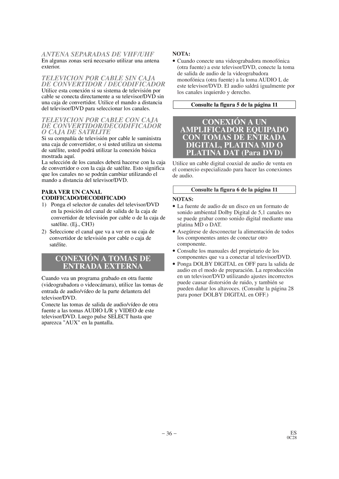 Sylvania SRTD420 owner manual Conexión a UN, Conexión a Tomas DE Entrada Externa, Antena Separadas DE VHF/UHF 