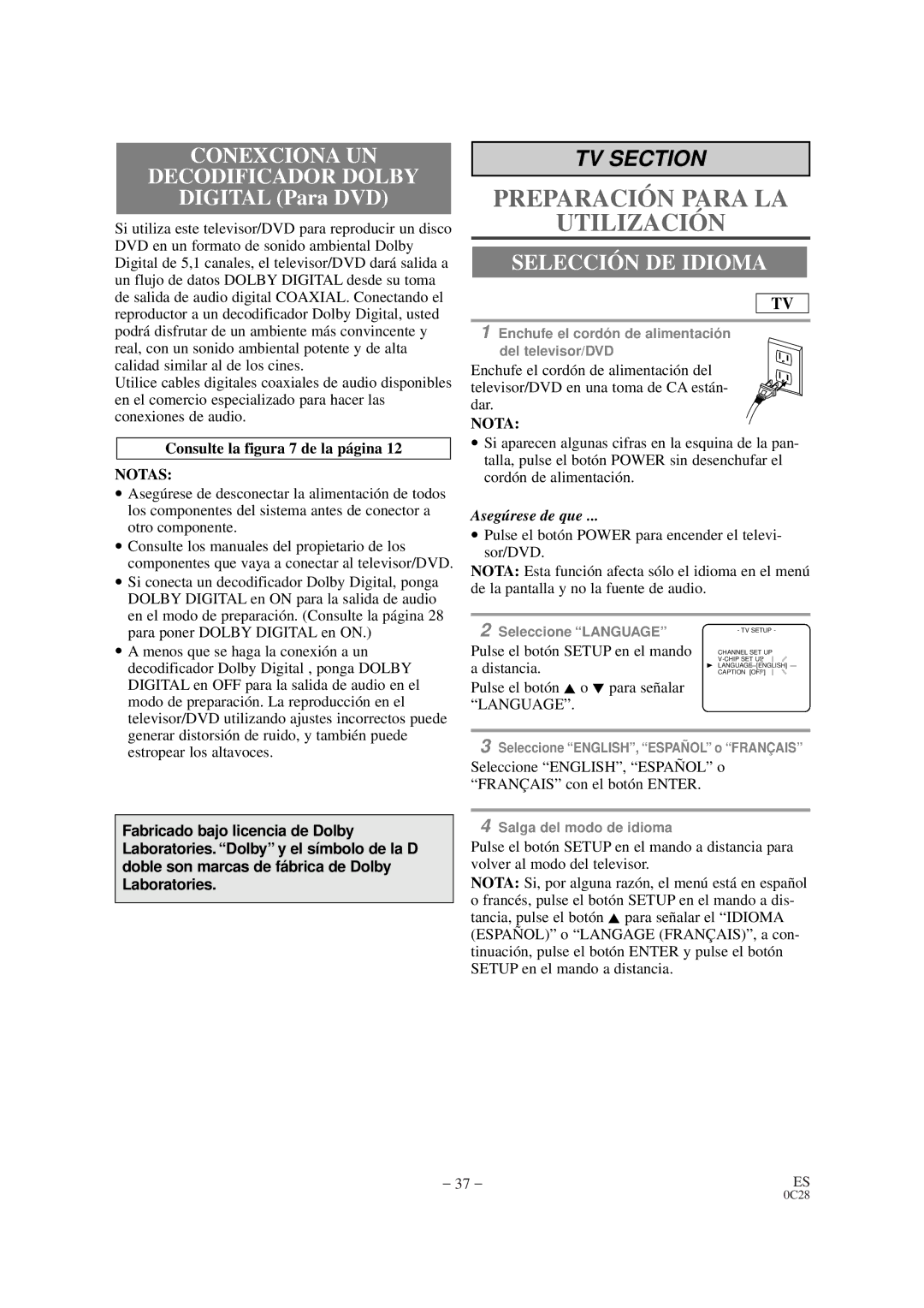 Sylvania SRTD420 owner manual Conexciona UN Decodificador Dolby, Selección DE Idioma, Consulte la figura 7 de la página 