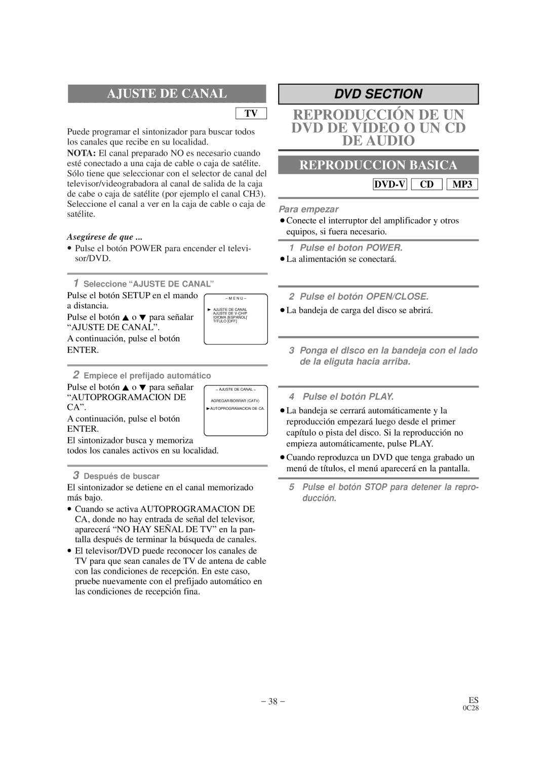 Sylvania SRTD420 owner manual Ajuste DE Canal, Reproduccion Basica 