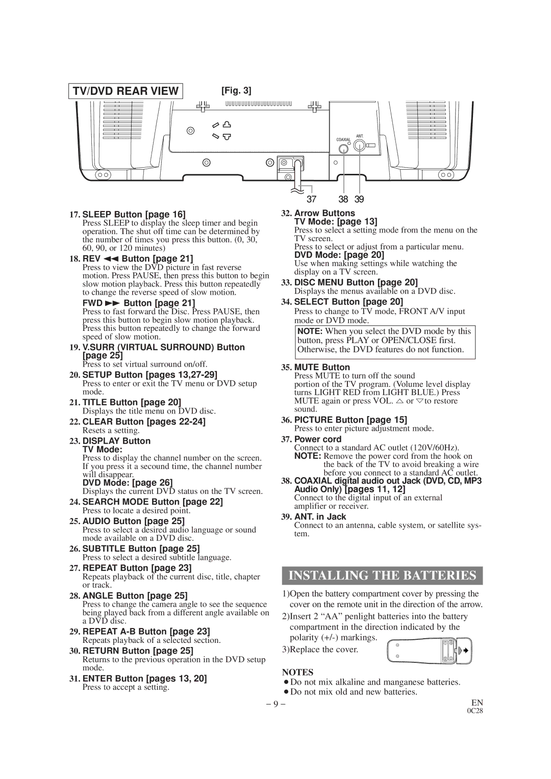 Sylvania SRTD420 owner manual Installing the Batteries, TV/DVD Rear View 