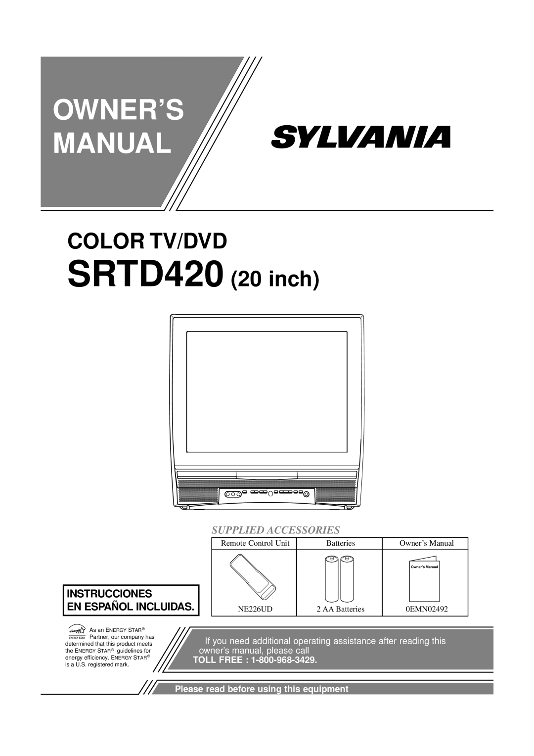 Sylvania SRTD420 owner manual Supplied Accessories, Instrucciones En Español Incluidas, Owner’S Manual, Toll Free 