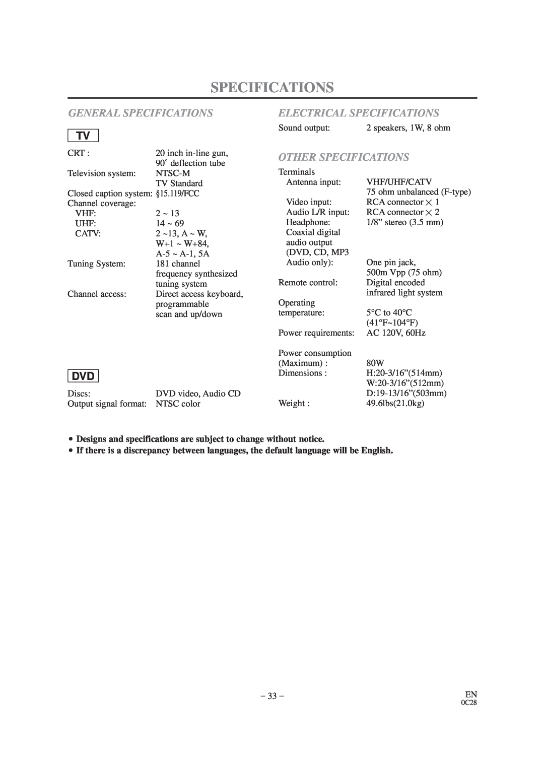 Sylvania SRTD420 owner manual General Specifications, Electrical Specifications, Other Specifications 