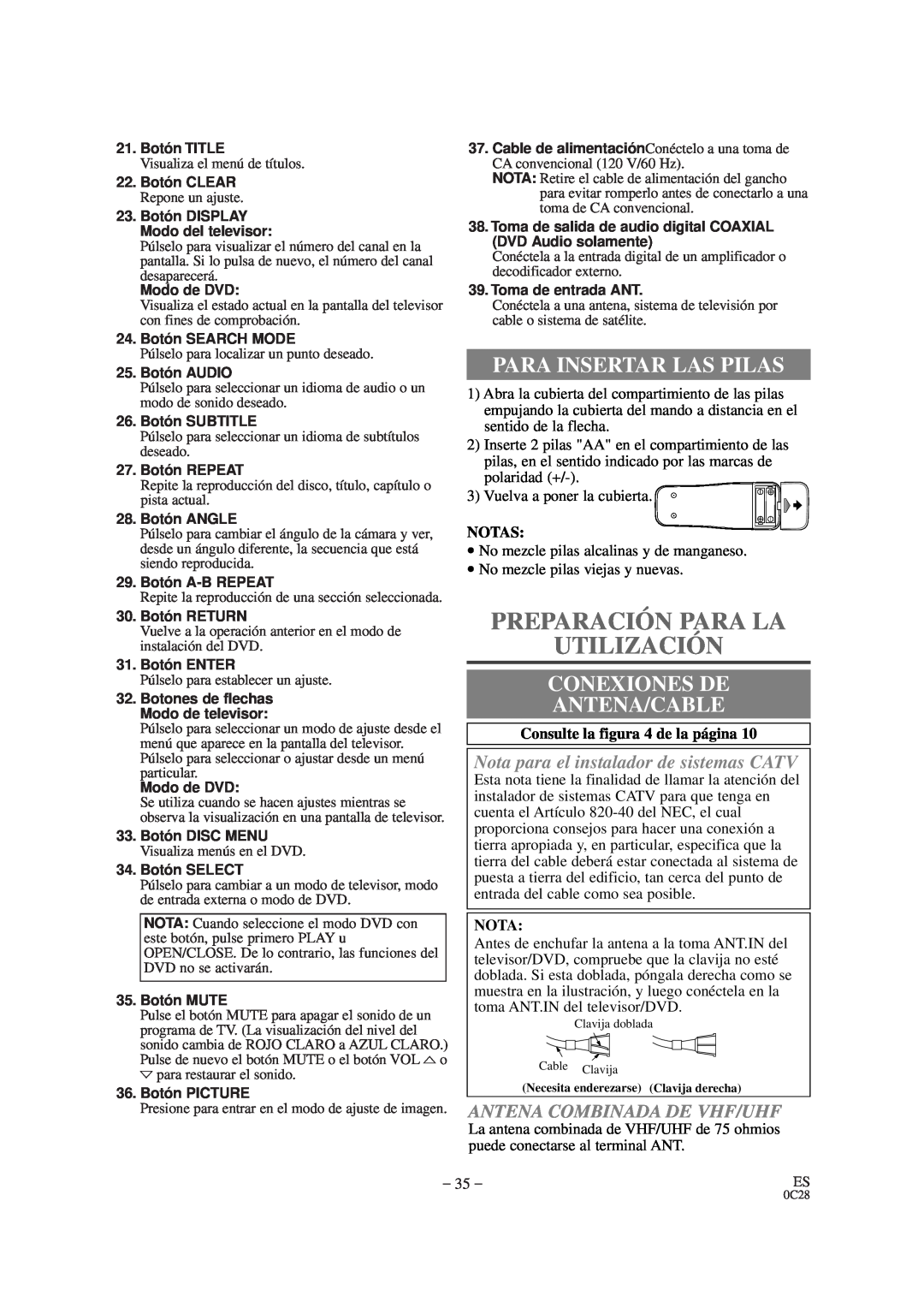 Sylvania SRTD420 owner manual Preparación Para La Utilización, Para Insertar Las Pilas, Conexiones De Antena/Cable, Notas 