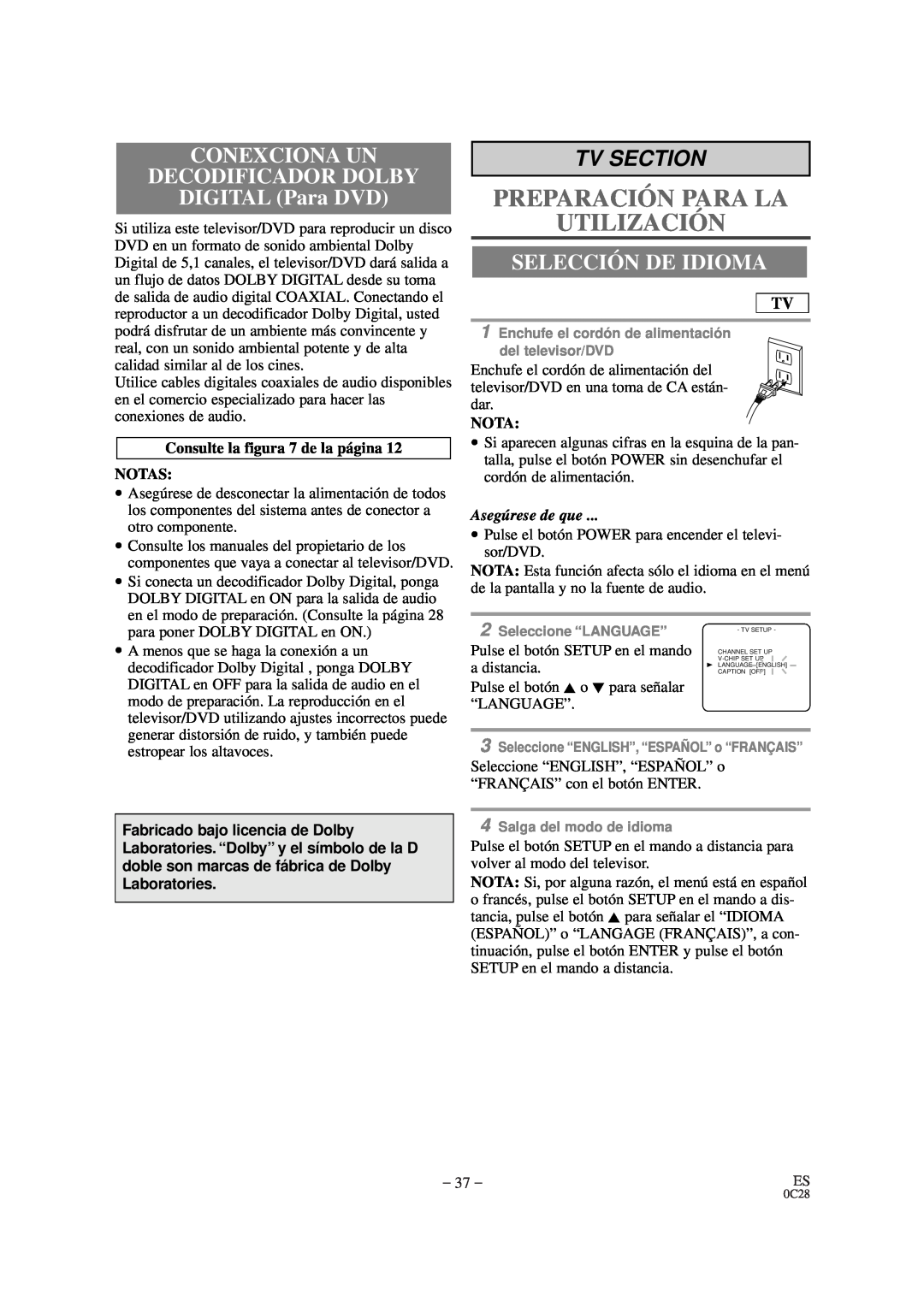 Sylvania SRTD420 CONEXCIONA UN DECODIFICADOR DOLBY DIGITAL Para DVD, Selección De Idioma, Preparación Para La Utilización 
