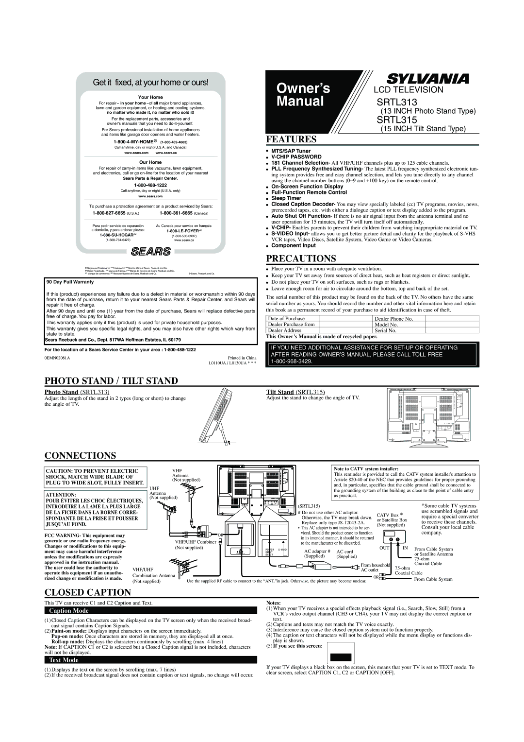 Sylvania SRTL313, SRTL315 owner manual Features, Precautions, Photo Stand / Tilt Stand, Connections, Closed Caption 