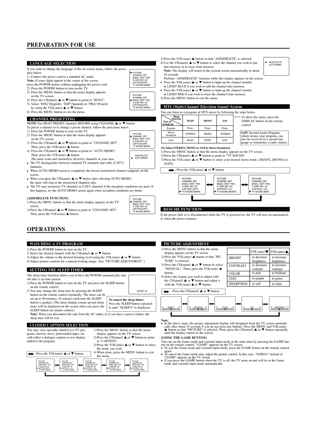 Sylvania SRTL313, SRTL315 owner manual Preparation for USE, Operations 