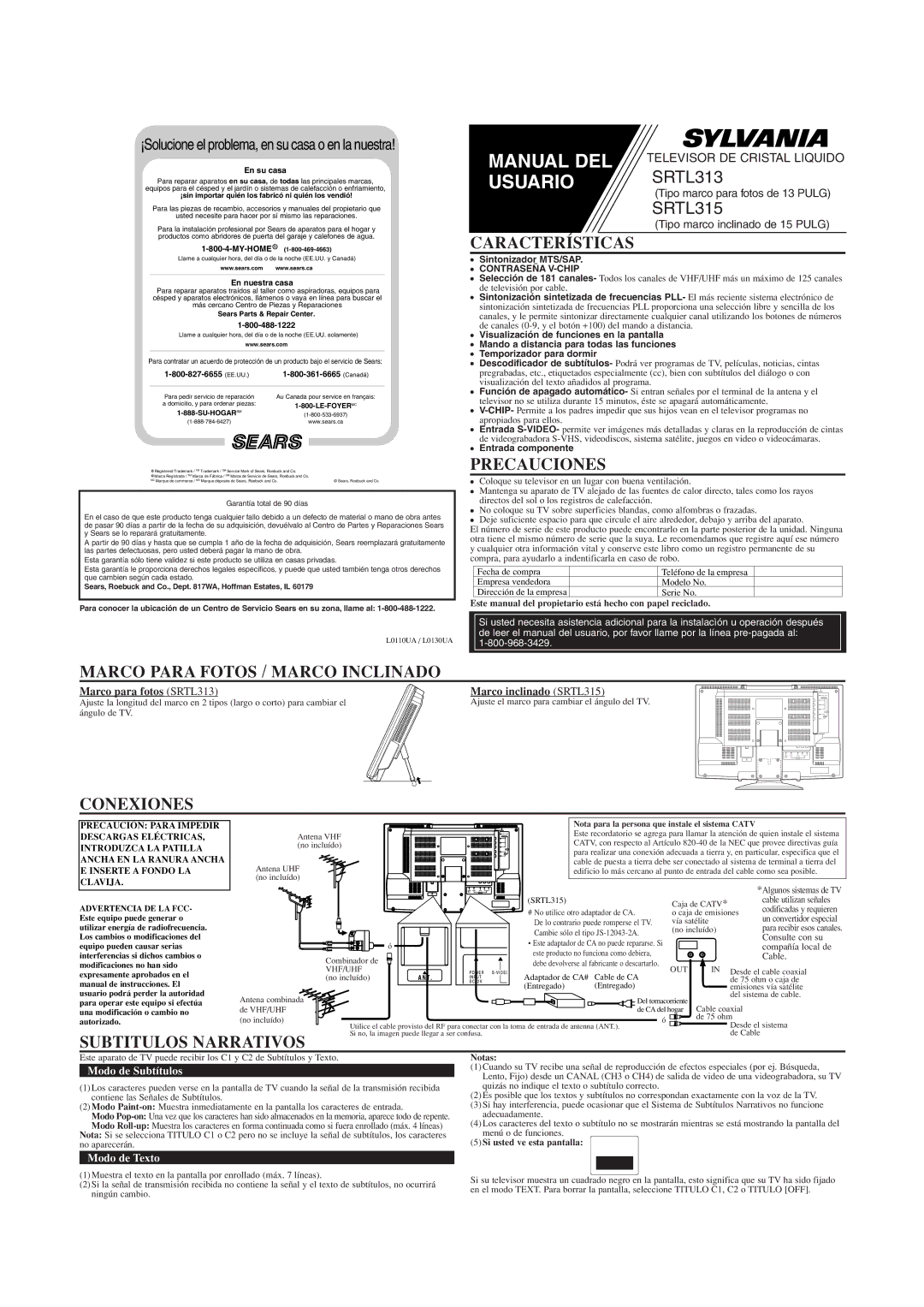 Sylvania SRTL313 Características, Precauciones, Marco Para Fotos / Marco Inclinado, Conexiones, Subtitulos Narrativos 