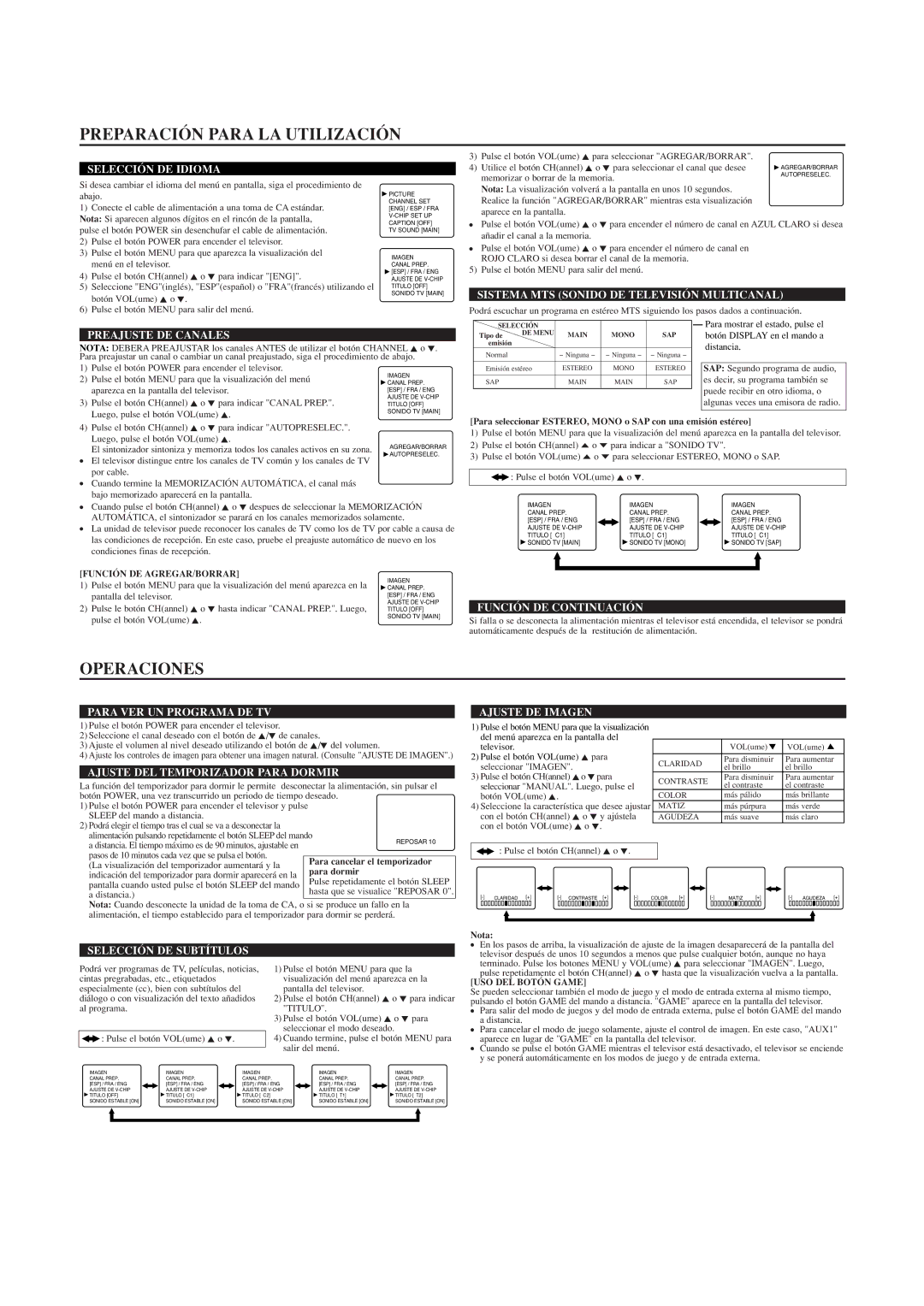 Sylvania SRTL313, SRTL315 owner manual Preparación Para LA Utilización, Operaciones 