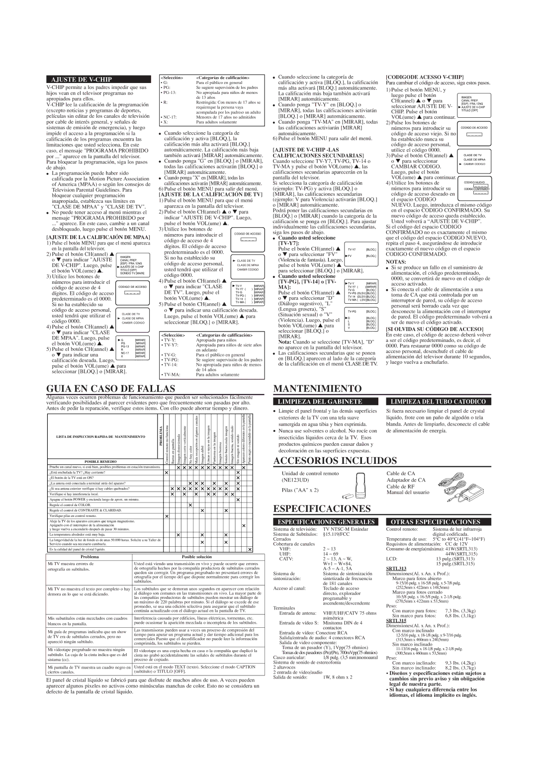 Sylvania SRTL315, SRTL313 owner manual Guia EN Caso DE Fallas, Mantenimiento, Accesorios Incluidos, Especificaciones 