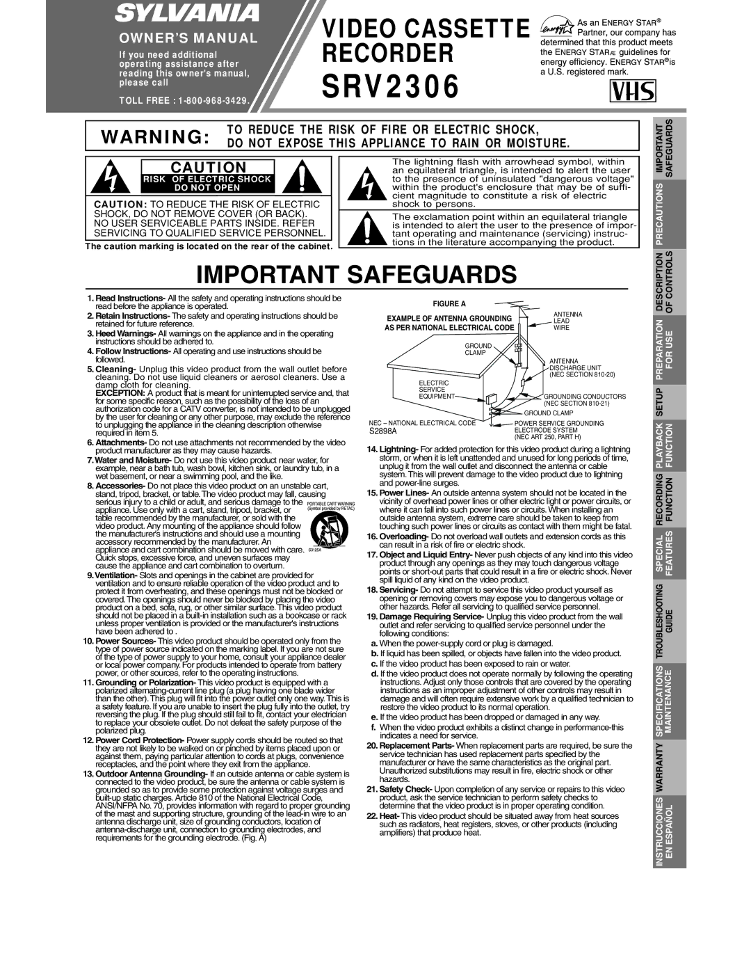 Sylvania SRV2306 warranty Risk of Electric Shock Do not Open, Precautions, Specifications Maintenance Warranty, EN Español 