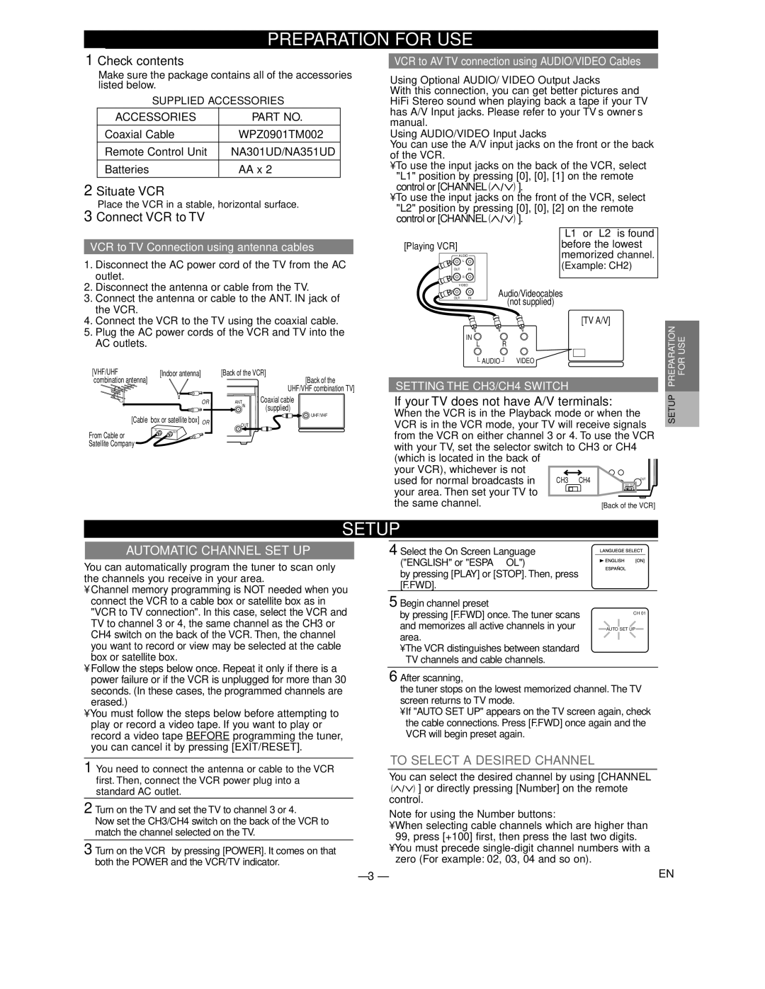 Sylvania SRV2306 warranty Preparation for USE, Automatic Channel SET UP, To Select a Desired Channel 