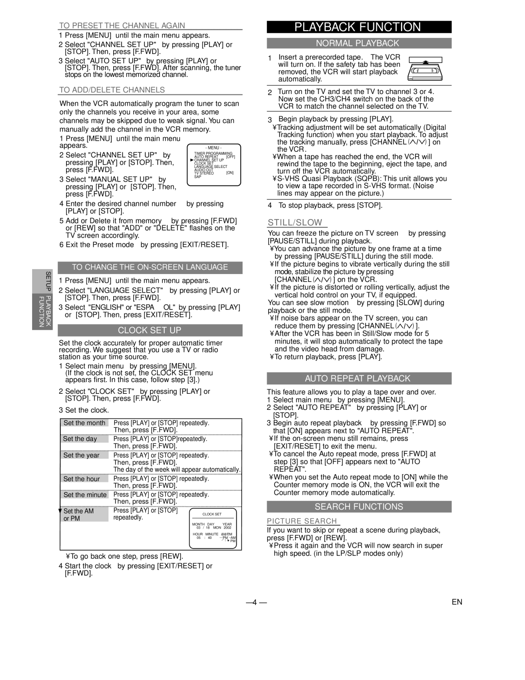 Sylvania SRV2306 warranty Playback Function, Normal Playback, Clock SET UP, Auto Repeat Playback, Search Functions 