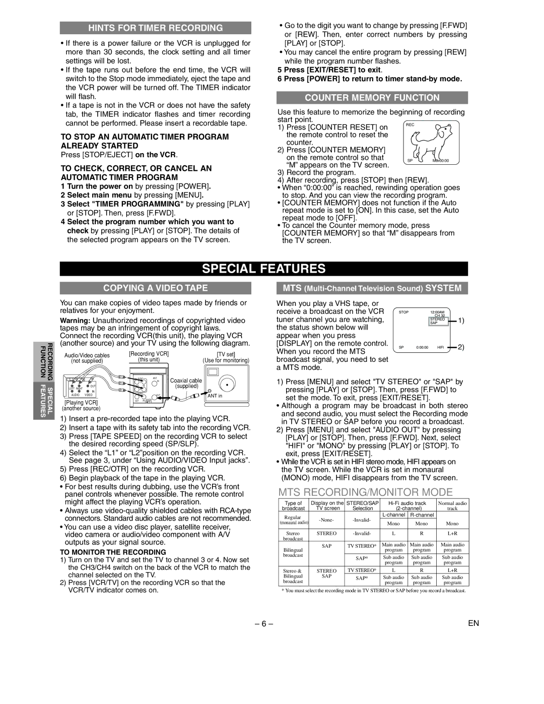 Sylvania SRV2306 warranty Special Features, Hints for Timer Recording, Counter Memory Function, Copying a Video Tape 