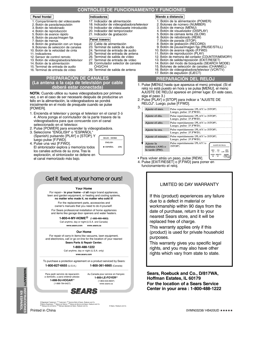 Sylvania SRV2306 warranty Controles DE Funcionamiento Y Funciones, Preparación DE Canales, Preparación DEL Reloj 