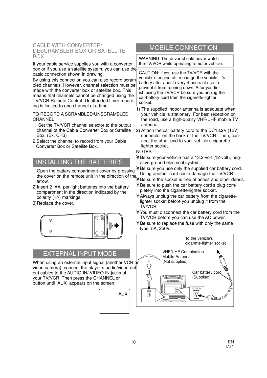 Sylvania SSC091 owner manual Installing the Batteries, External Input Mode, Mobile Connection 