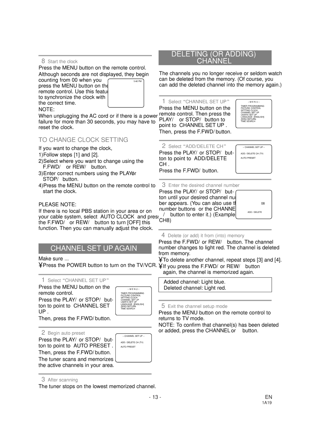 Sylvania SSC091 owner manual Deleting or Adding Channel, Channel SET UP Again, To Change Clock Setting, Please Note 